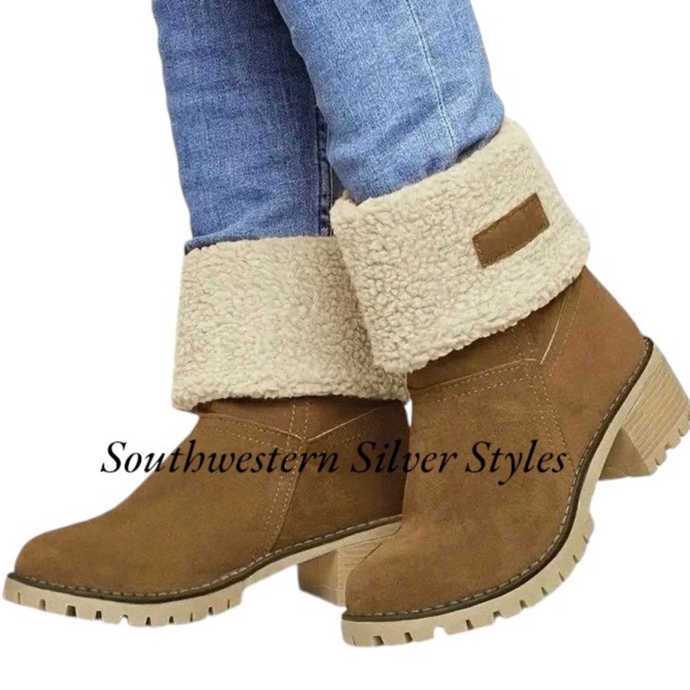 NEW Vegan Suede Leather Chunky Heel Size EU 42/US 10 Tan Brown Winter Snow Boots